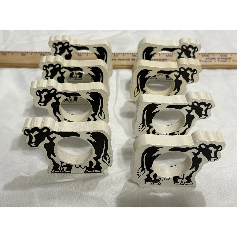 Lot Vintage Rustic Wooden Cow Napkin Rings Set Of 8 Farmhouse Farm country decor
